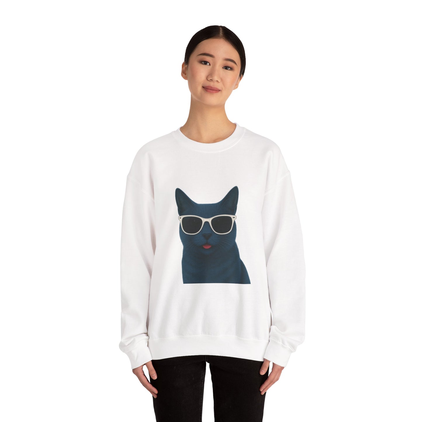 Russian Blue Cat Wearing Sunglasses - Adult Crewneck Sweatshirt