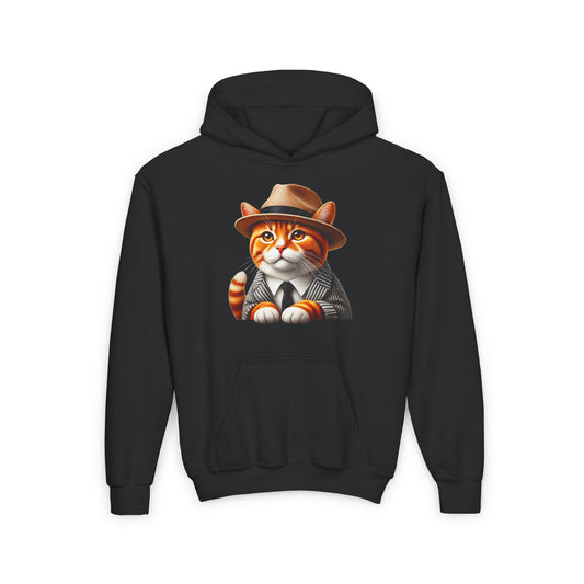 Tabby Cat Dressed In A Suit and Fedora Hat Youth Hoodie - Too Cute Pets