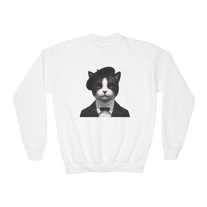 Tuxedo Cat Wearing A Tuxedo And A Beret - Youth Crewneck Sweatshirt - Too Cute Pets