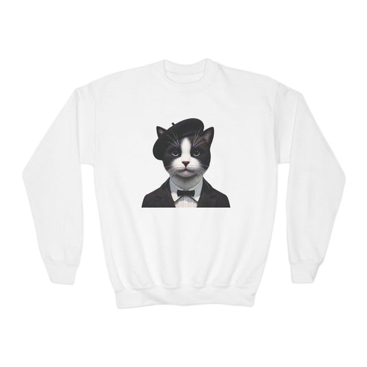 Tuxedo Cat Wearing A Tuxedo And A Beret - Youth Crewneck Sweatshirt - Too Cute Pets