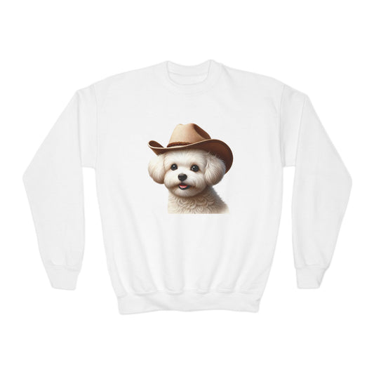 Maltese Wearing Cowboy Hat Youth Crewneck Sweatshirt - Too Cute Pets