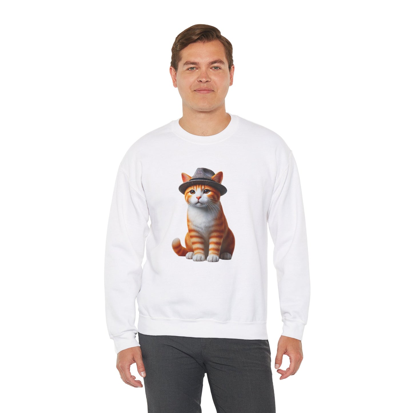 Cool Tabby Kitten Wearing Fedora Hat - Adult Crewneck Sweatshirt - Too Cute Pets