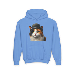 Calico Cat Wearing A Bowler Hat - Youth Hoodie - Too Cute Pets