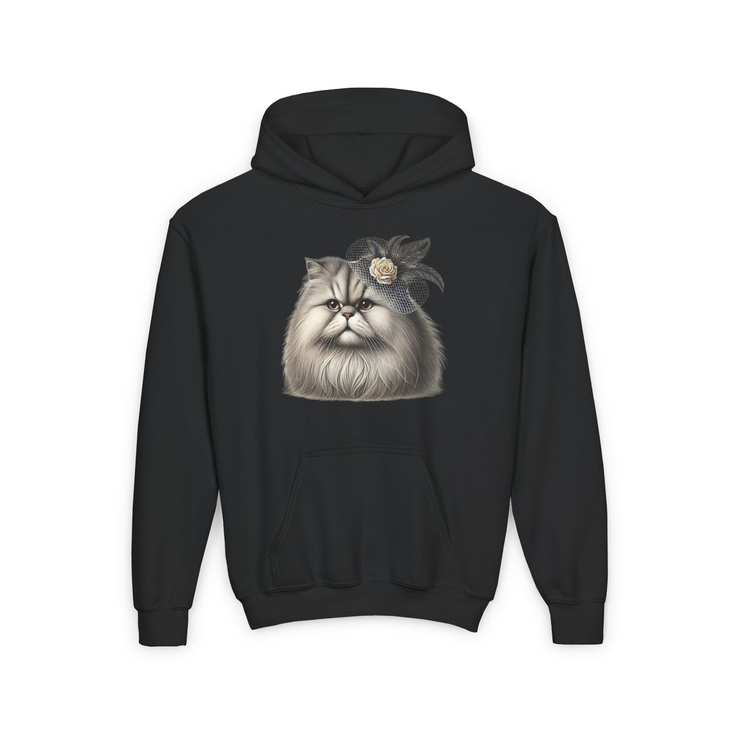 Persian Cat Wearing a Fascinator Hat-  Hooded Youth Sweatshirt - Too Cute Pets