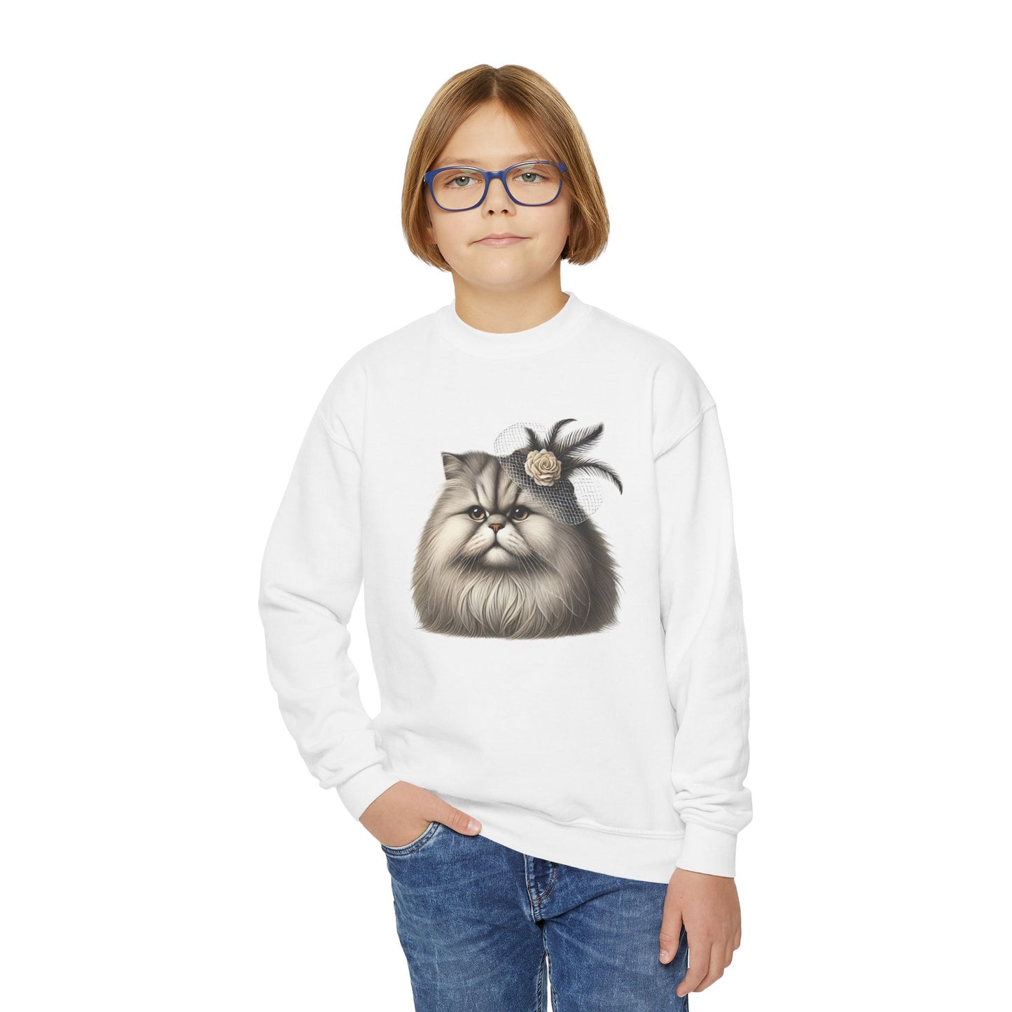 Persian Cat Wearing Fascinator Hat - Youth Crewneck Sweatshirt - Too Cute Pets