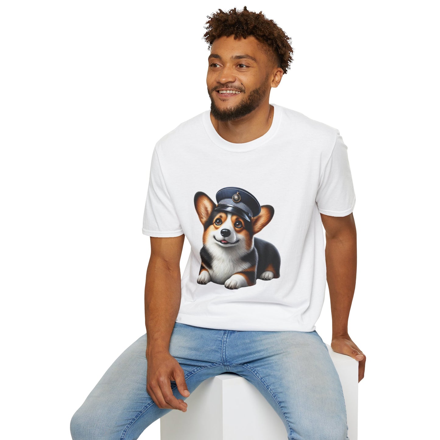 Cute Corgi Wearing A Train Conductors Hat -  Adult T-Shirt - Too Cute Pets