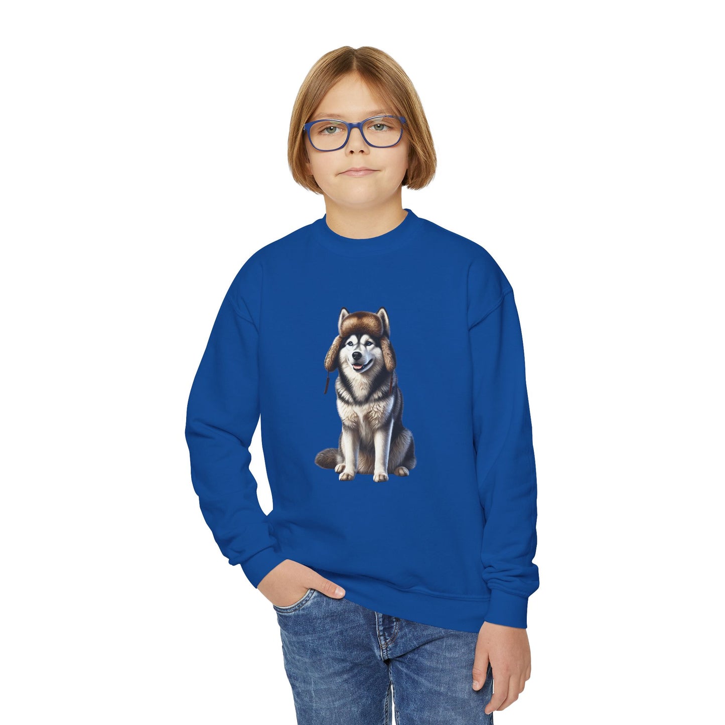 Husky Wearing Fur Trappers Hat Youth Sweatshirt - Too Cute Pets Collection