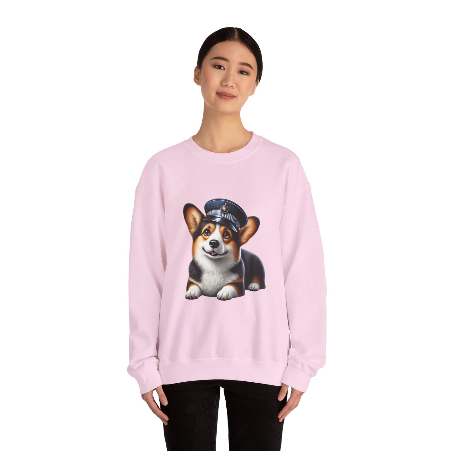 Cute Corgi Wearing A Train Conductors Hat- Adult Crewneck Sweatshirt - Too Cute Pets