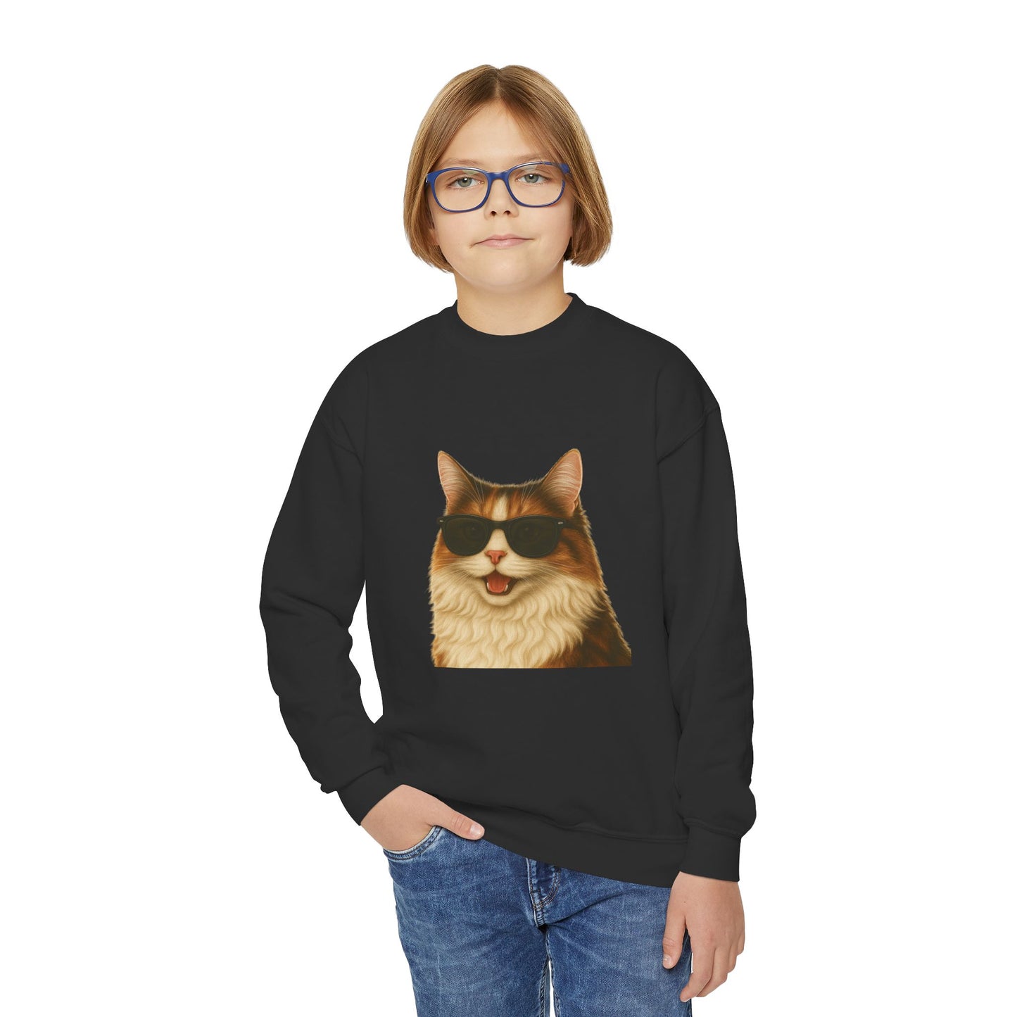 Domestic Longhaired Calico Cat Wearing Sunglasses - Youth Sweatshirt