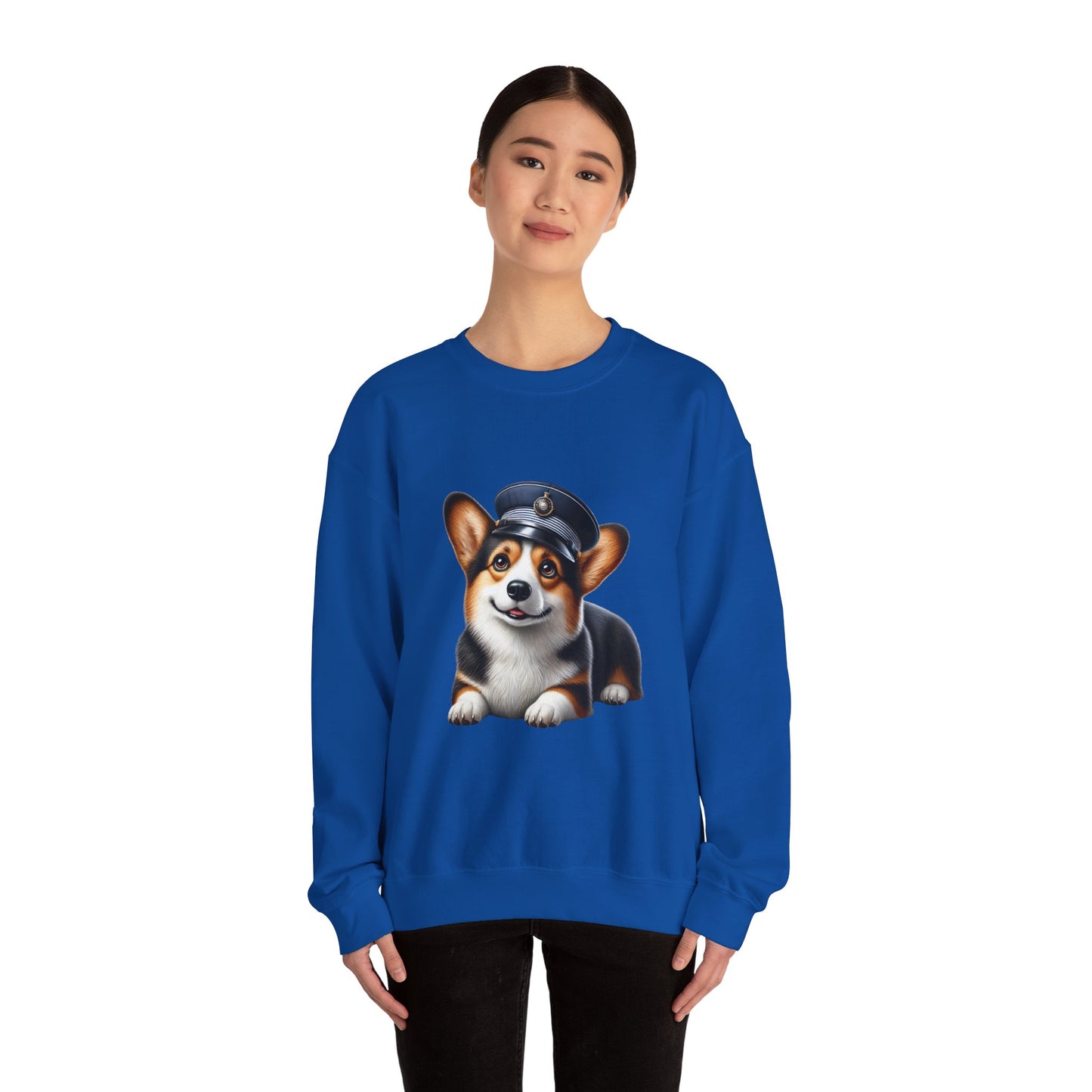 Cute Corgi Wearing A Train Conductors Hat- Adult Crewneck Sweatshirt - Too Cute Pets