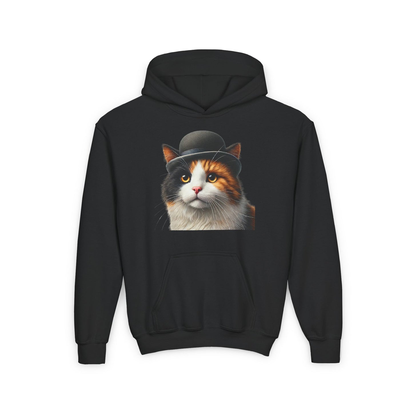 Calico Cat Wearing A Bowler Hat - Youth Hoodie - Too Cute Pets