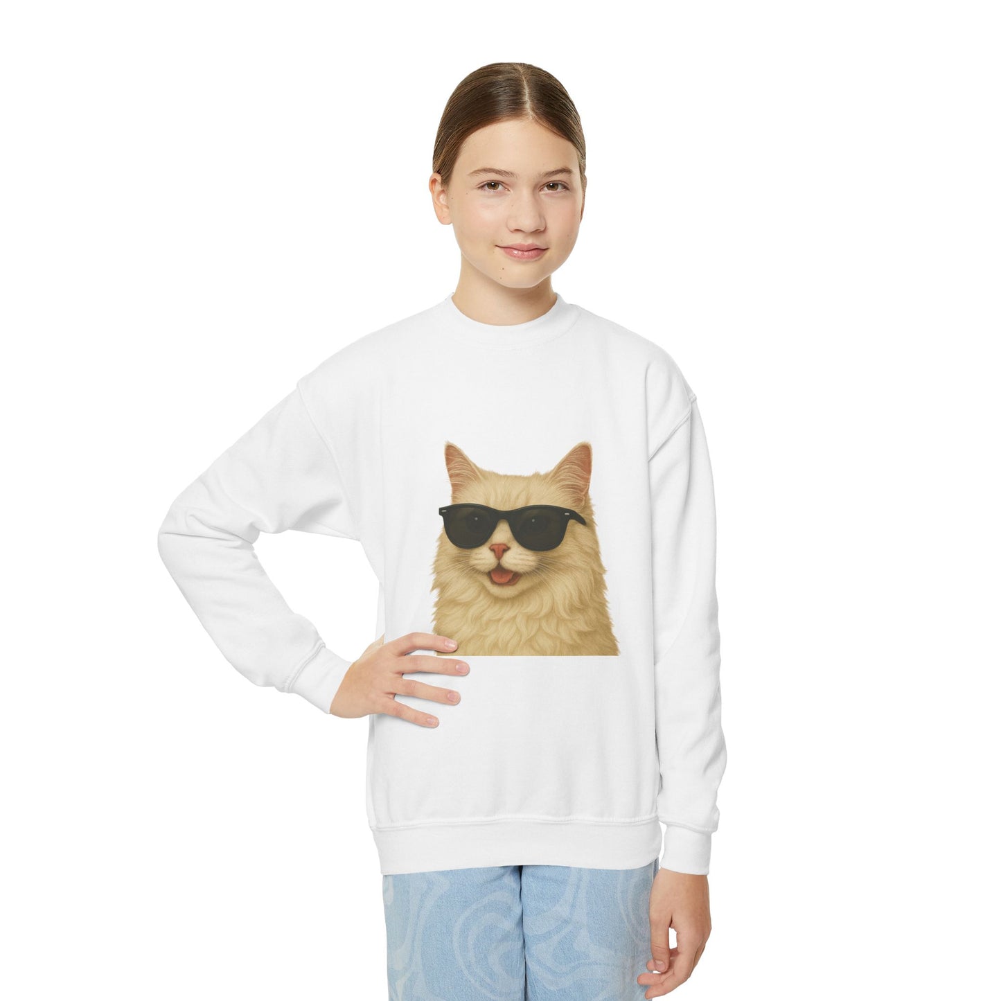 Domestic Longhaired Cream Colored Cat Wearing Sunglasses - Youth Sweatshirt