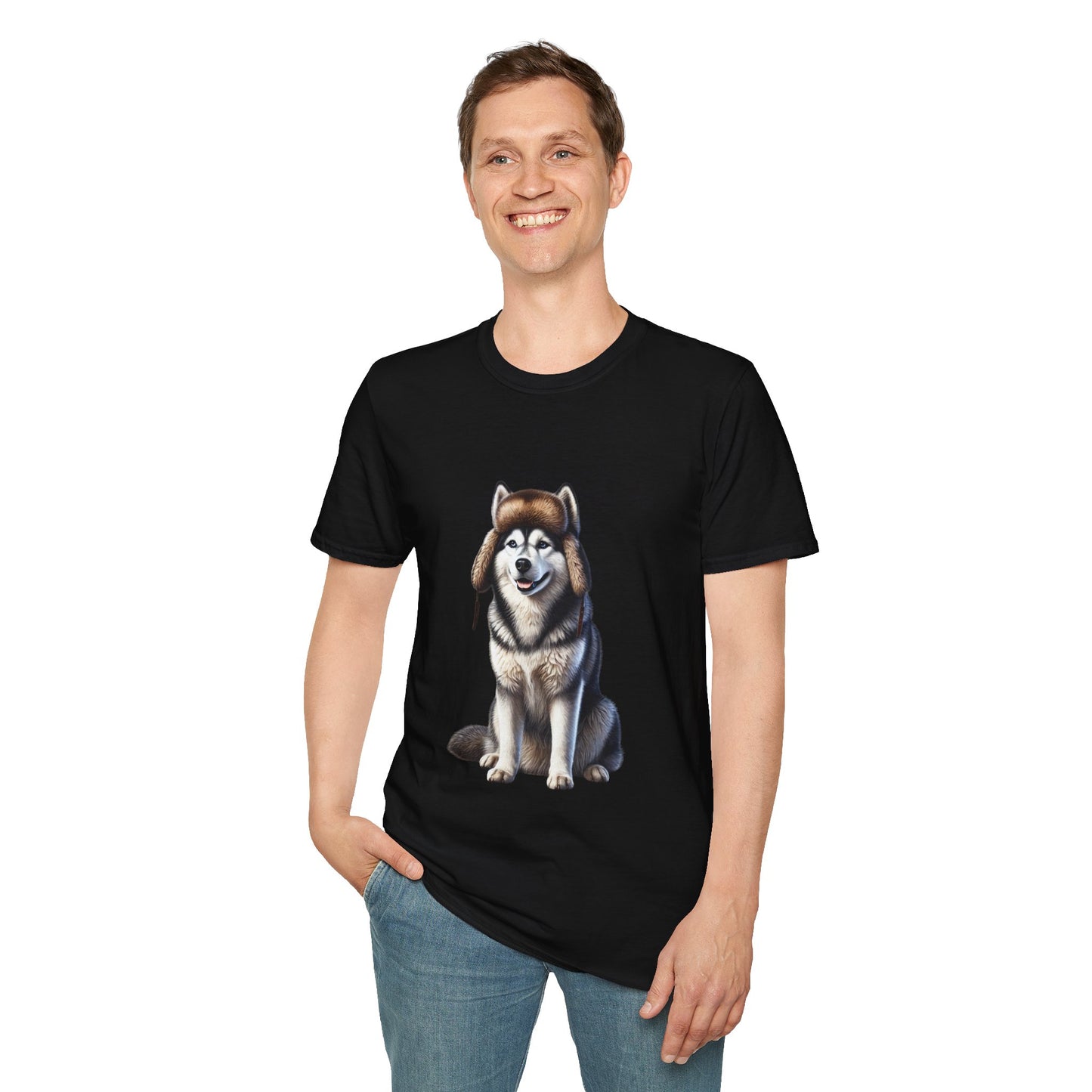 Husky Wearing A Fur Trappers hat- Adult T-Shirt - Too Cute Pets