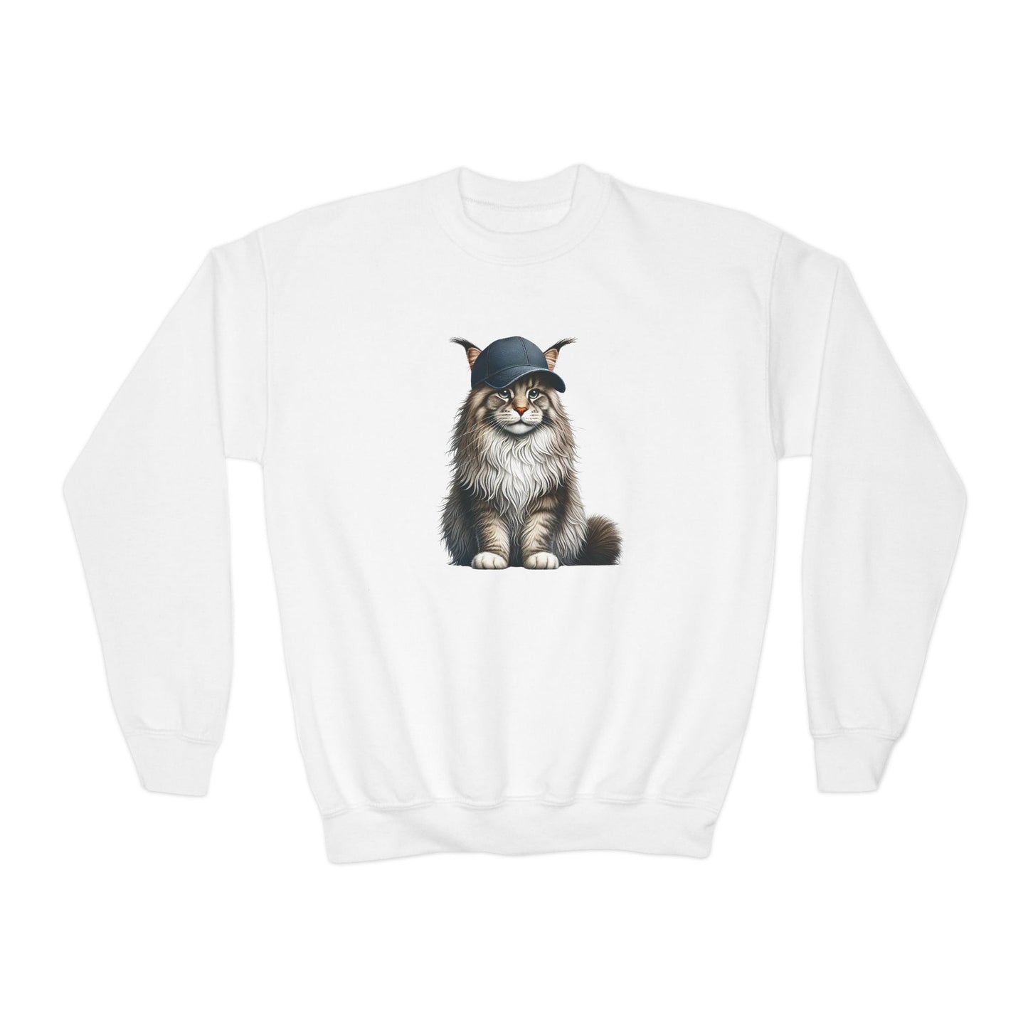Maine Coon Wearing Baseball Cap - Youth Crewneck Sweatshirt - Too Cute Pets