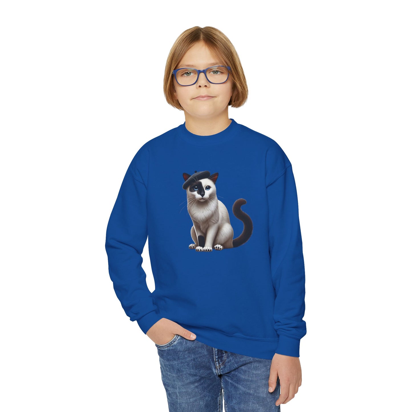 Black and White Cat Wearing A Beret - Youth Crewneck Sweatshirt - Too Cute Pets