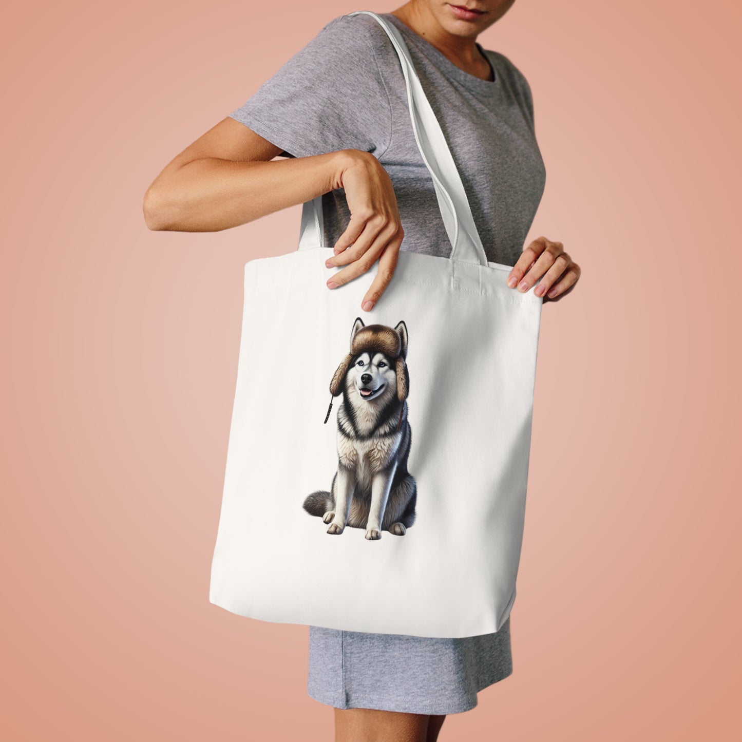 Husky Wearing a Fur Hunter Hat - Cotton Tote Bag