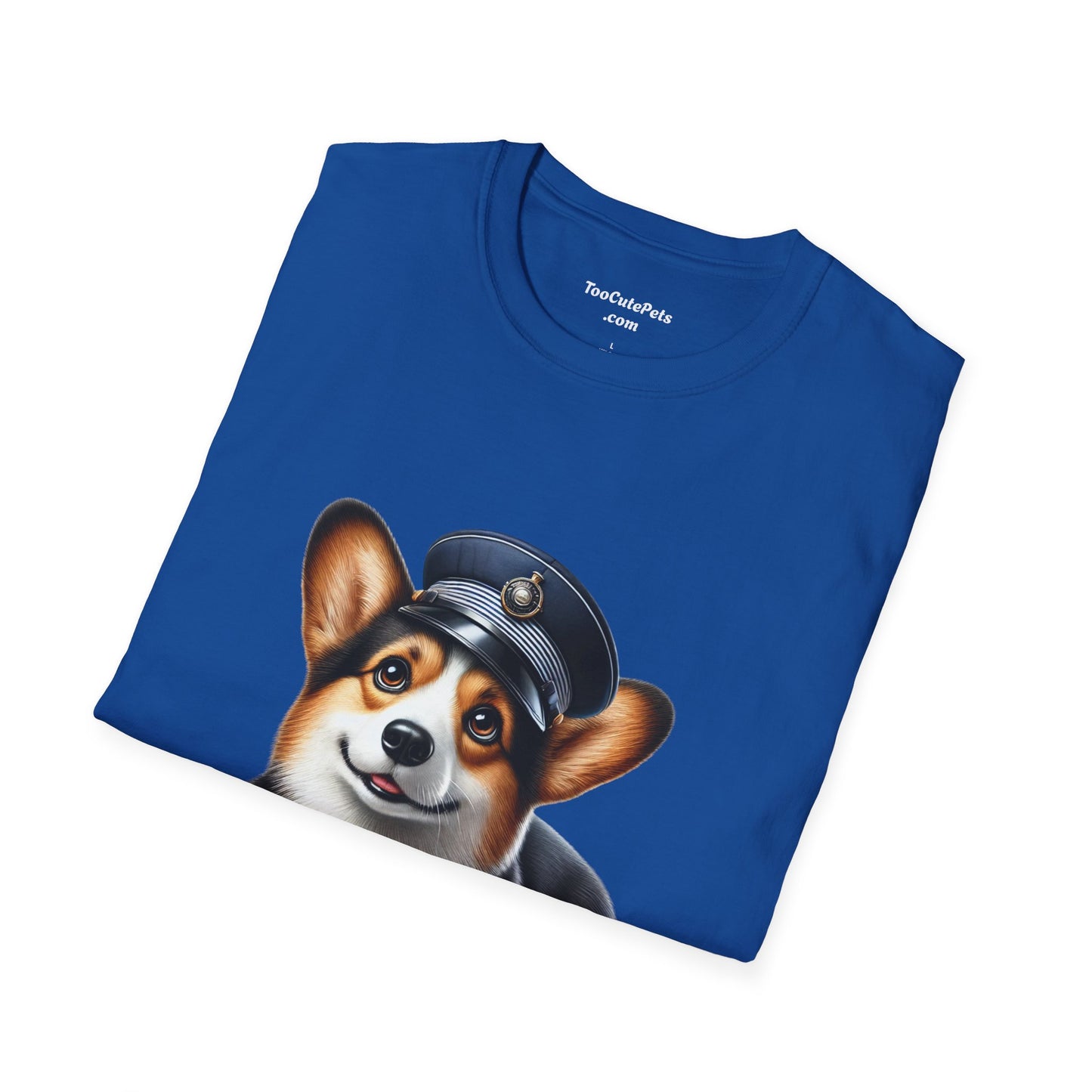 Cute Corgi Wearing A Train Conductors Hat -  Adult T-Shirt - Too Cute Pets