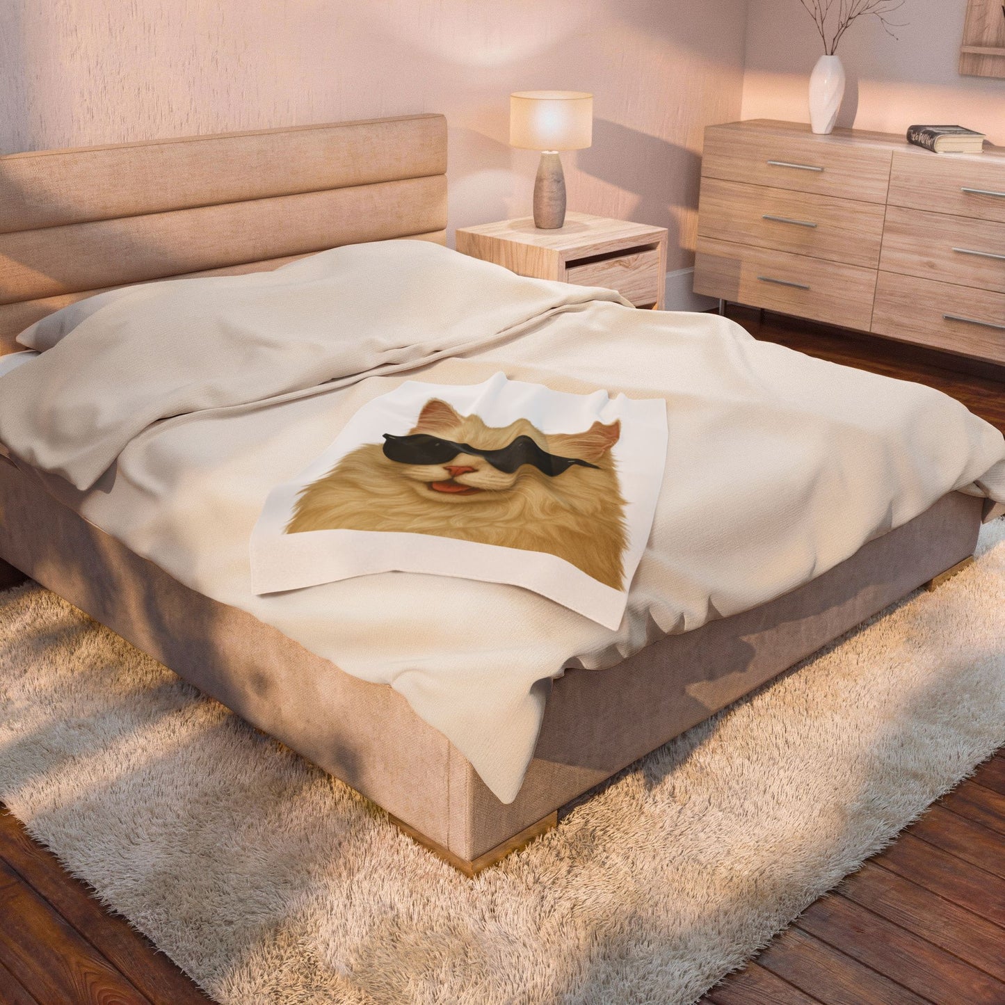 Cream Longhair Cat Wearing Sunglasses - Sherpa Blanket