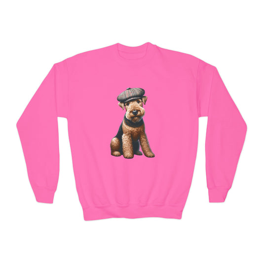 Aerdale Terrier Wearing Tweed Flat Cap #2-  Youth Crewneck Sweatshirt - Too Cute Pets