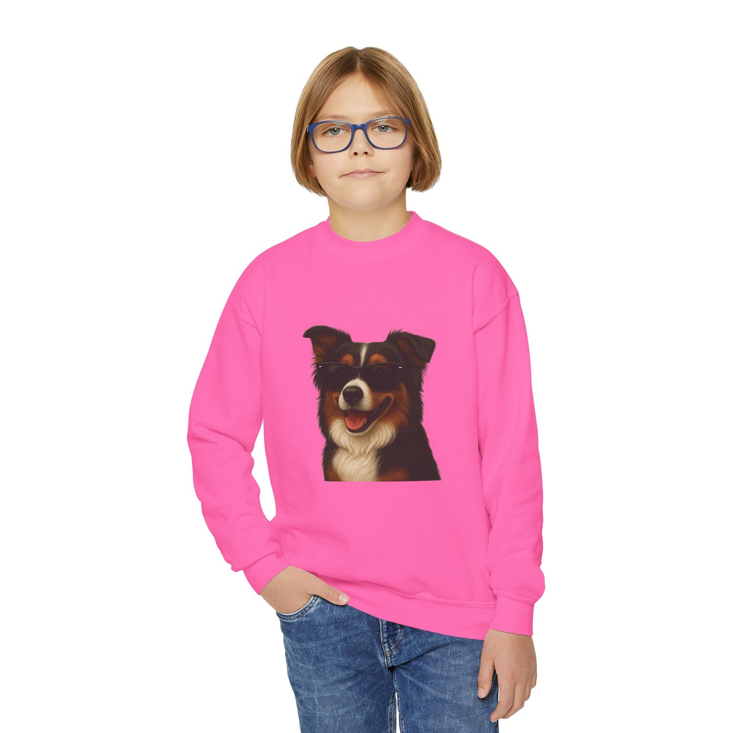 Australian Shepherd Dog Portrait Youth Crewneck Sweatshirt with Sunglasses Design