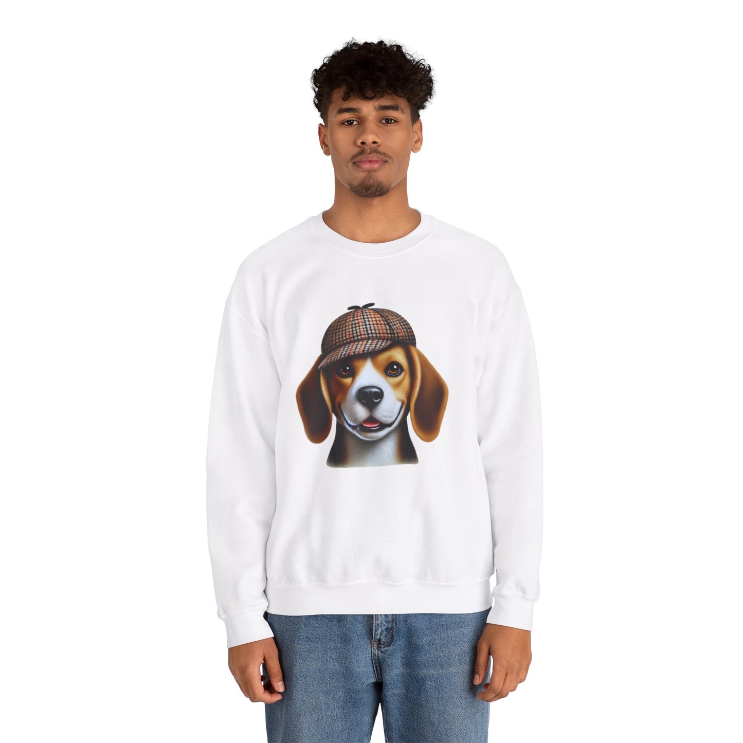 Smiling Beagle Wearing Deerstalker Hat - Adult Crewneck Sweatshirt - Too Cute Pets