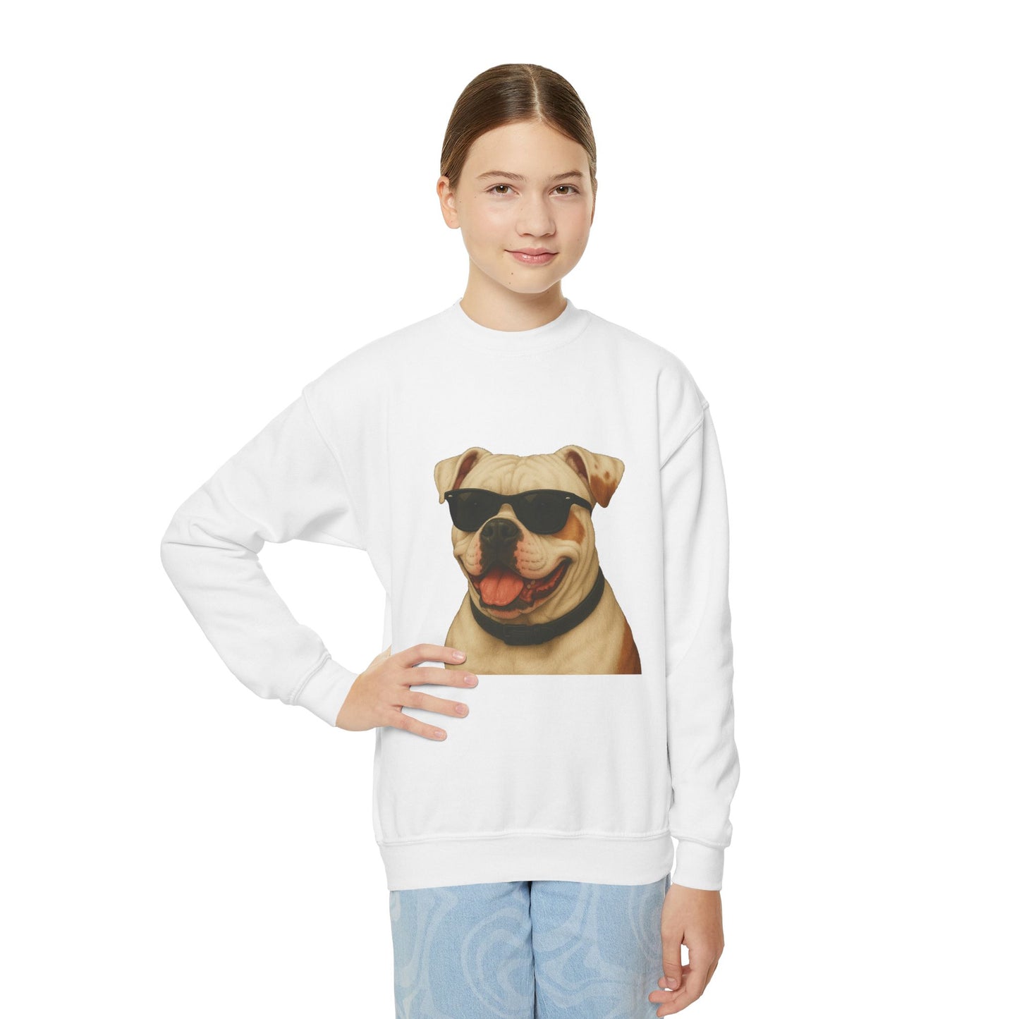 American Bulldog Portrait Youth Crewneck Sweatshirt with Sunglasses Design