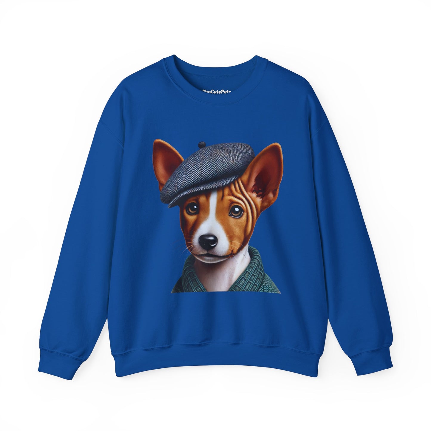 Cute Basenji Pup Wearing Tweed Flat Cap- Adult Crewneck Sweatshirt - Too Cute Pets