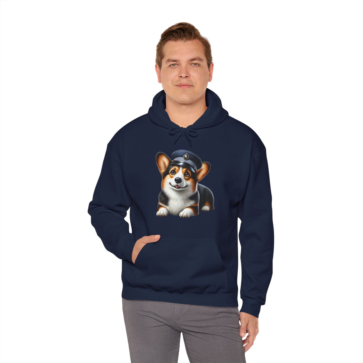 Cute Corgi Wearing A Train Conductors Hat - Adult Hoodie - Too Cute Pets