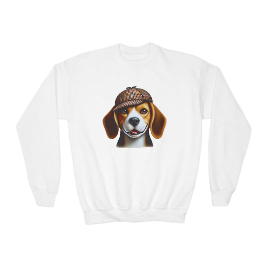 Beagle With Deerstalker Hat - Youth Crewneck Sweatshirt - Too Cute Pets