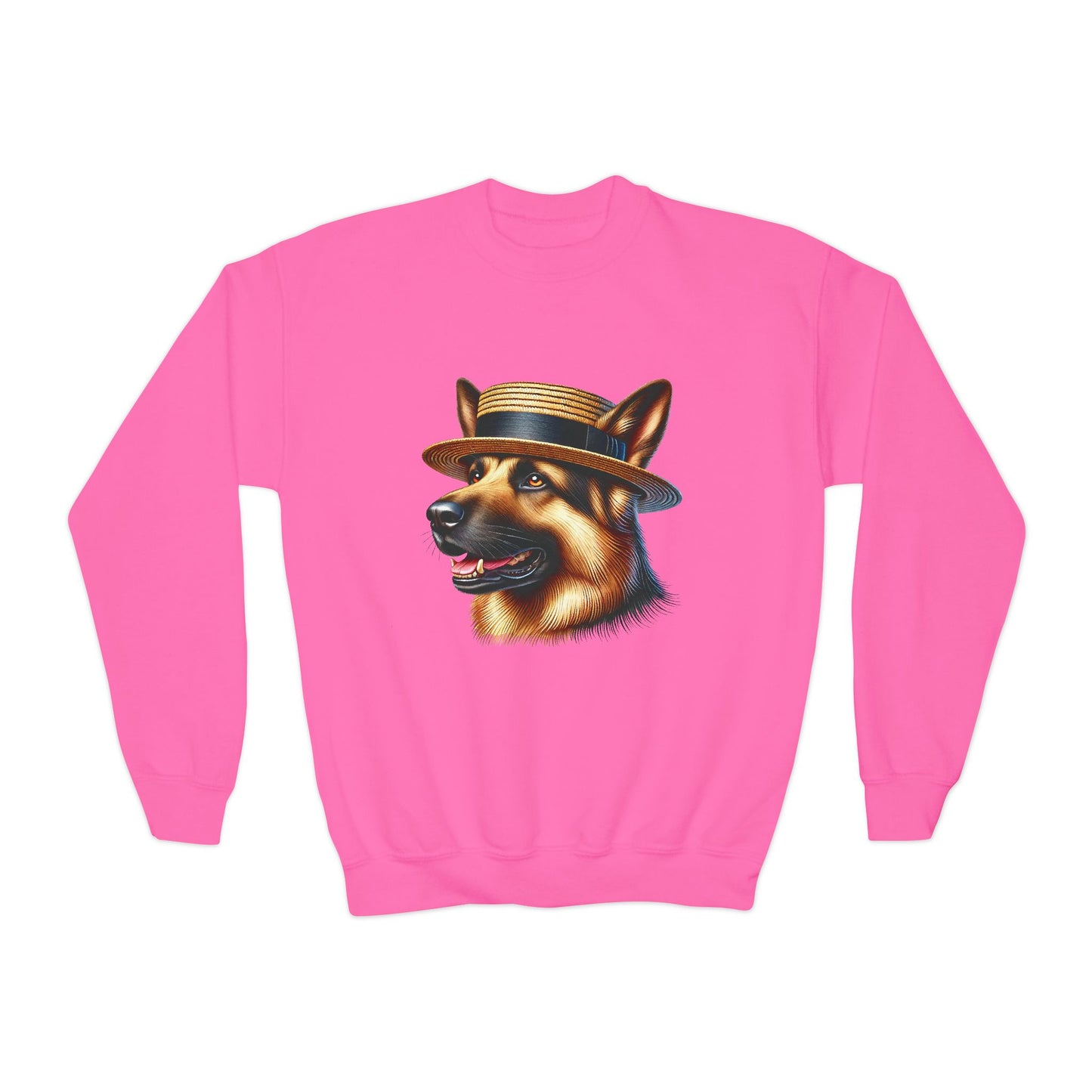 German Shepherd With Boater Hat - Youth Crewneck Sweatshirt - Too Cute Pets