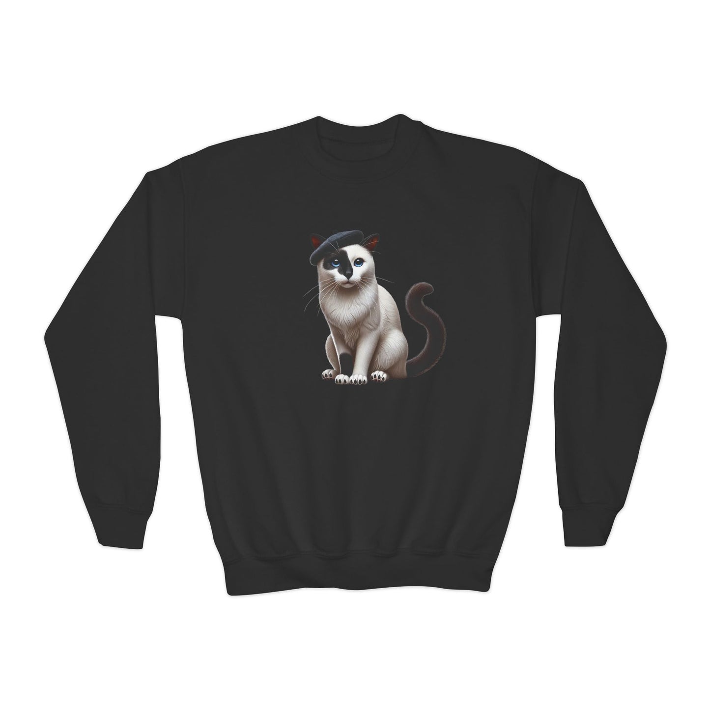 Black and White Cat Wearing A Beret - Youth Crewneck Sweatshirt - Too Cute Pets