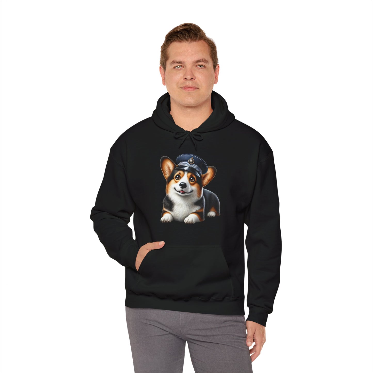 Cute Corgi Wearing A Train Conductors Hat - Adult Hoodie - Too Cute Pets