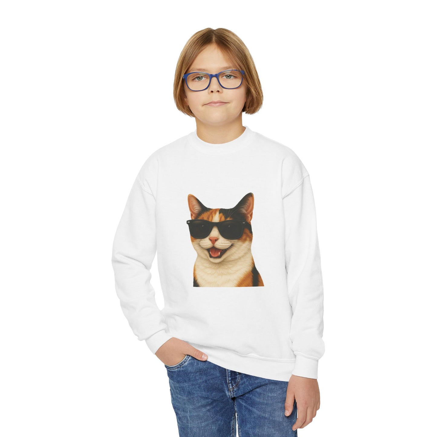 Calico Domestic Shorthaired Cat Wearing Sunglasses - Youth Sweatshirt