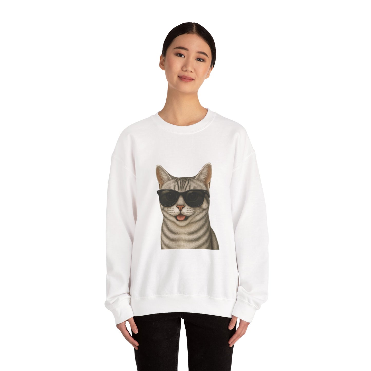American Shorthair Silver Tabby Wearing Sunglasses - Adult Crewneck Sweatshirt