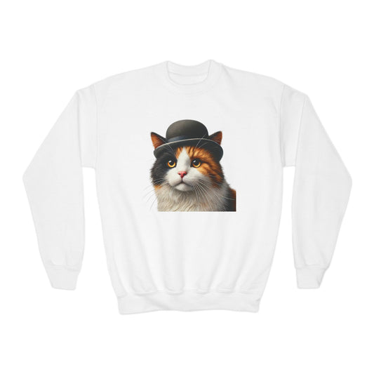 Calico Cat Wearing Bowler Hat Youth Crewneck Sweatshirt - Too Cute Pets