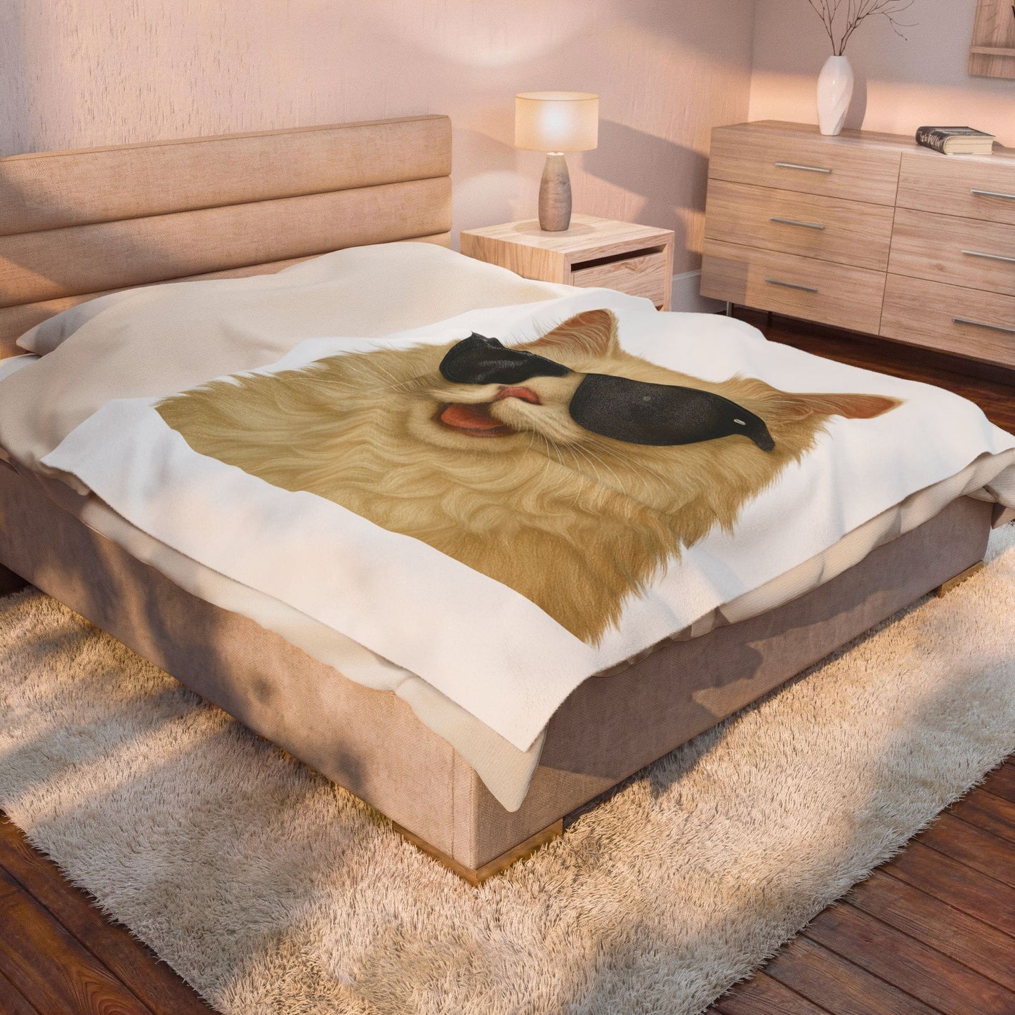 Cream Longhair Cat Wearing Sunglasses - Sherpa Blanket
