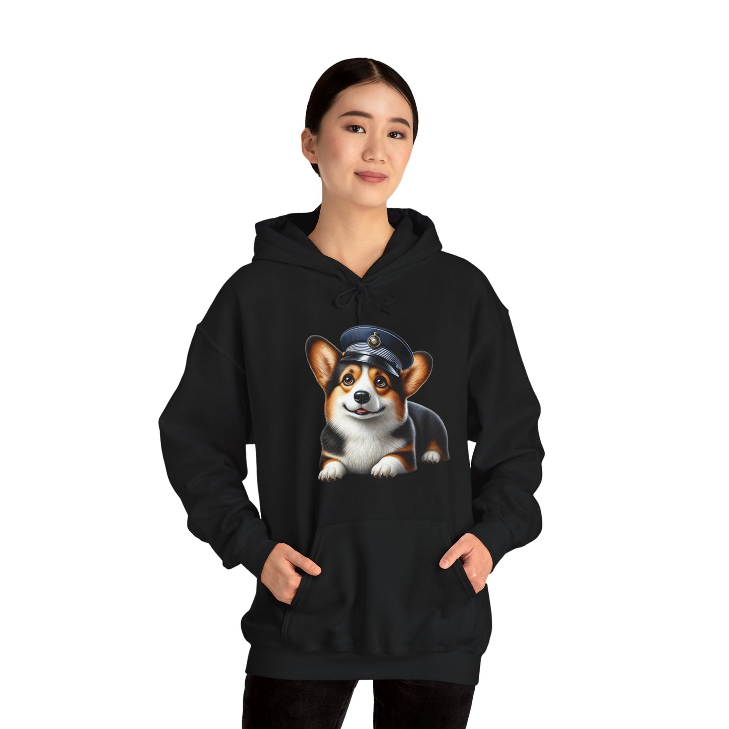 Cute Corgi Wearing A Train Conductors Hat - Adult Hoodie - Too Cute Pets