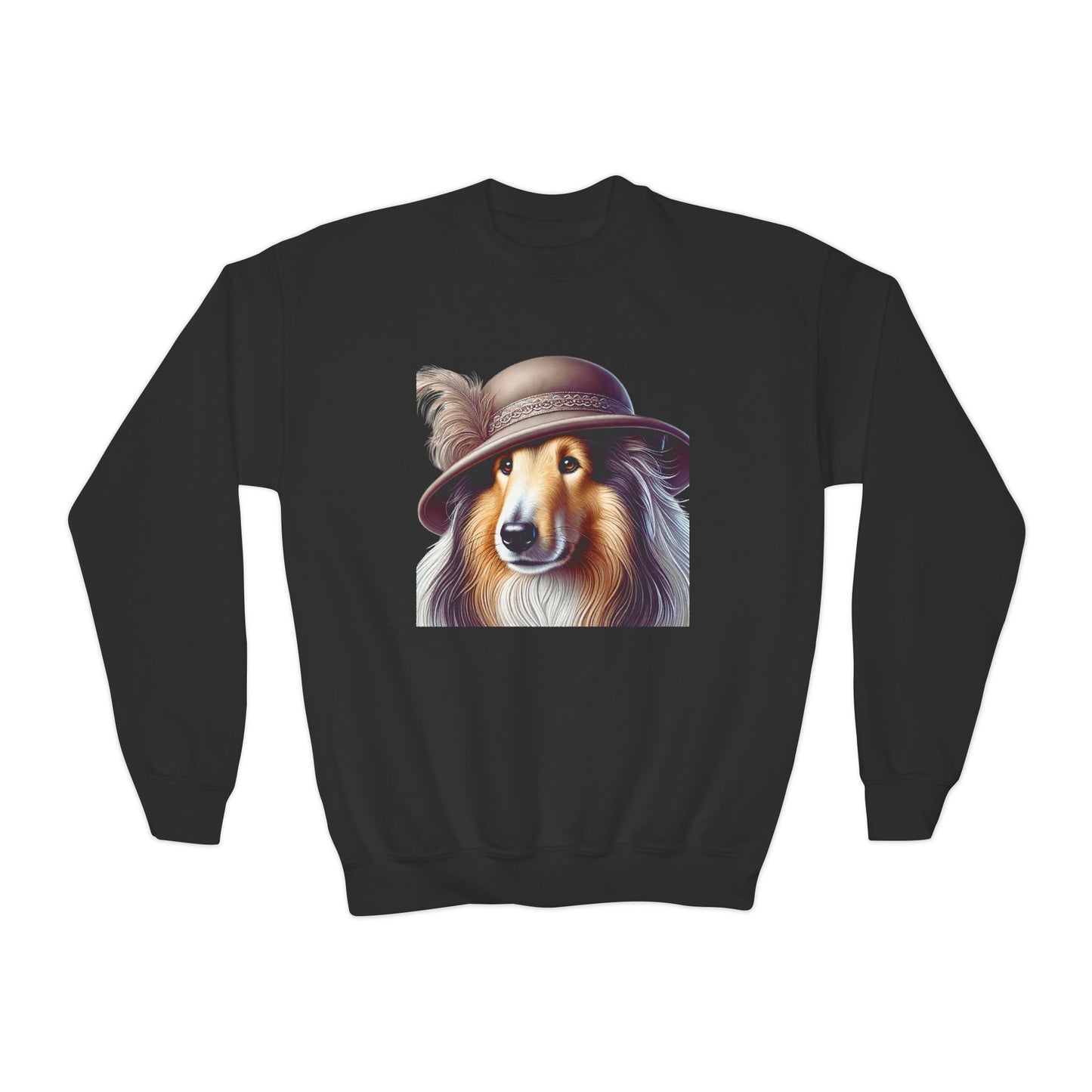 Collie In Cloche Hat- Youth Crewneck Sweatshirt - Too Cute Pets