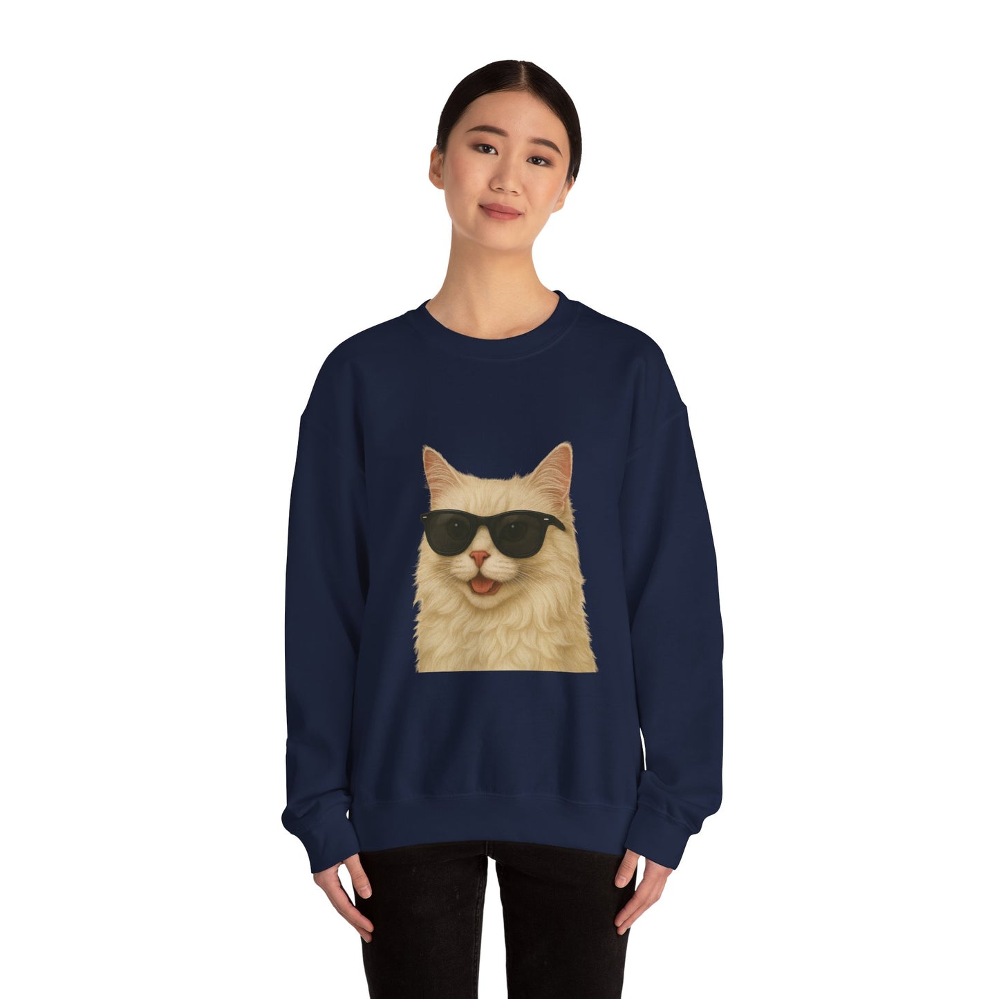 Cream Longhair Cat Wearing Sunglasses - Adult Crewneck Sweatshirt