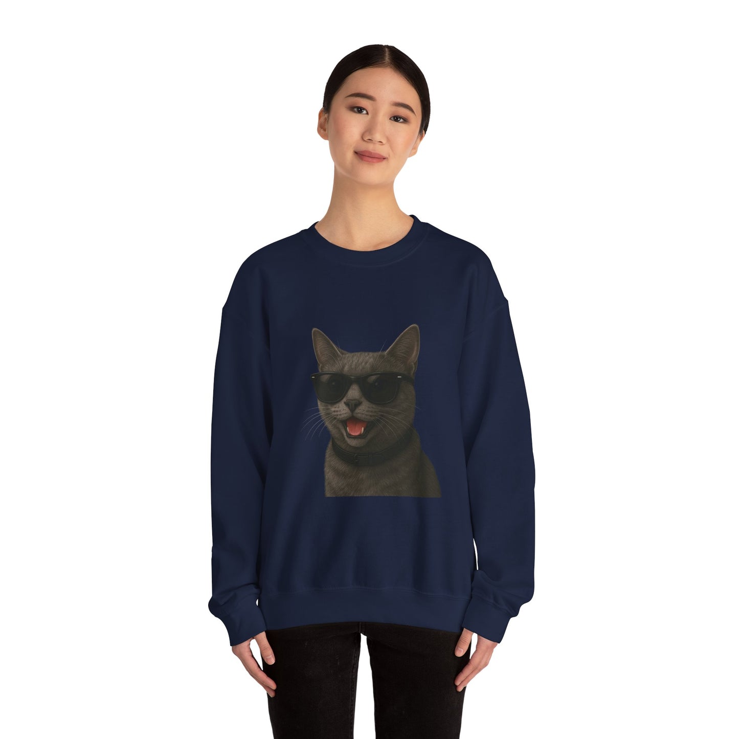 Gray Cat Wearing Sunglasses - Adult Crewneck Sweatshirt