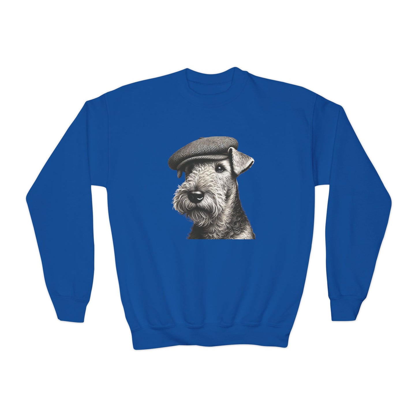 Aerdale Terrier Wearing Tweed Flat Cap (Black & White) Youth Crewneck Sweatshirt - Too Cute Pets