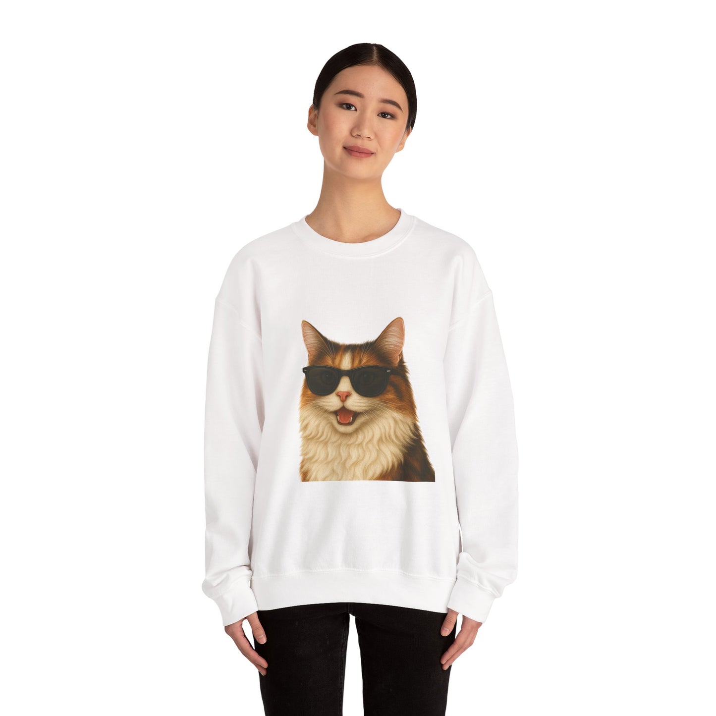 Calico Cat Wearing Sunglasses - Adult Crewneck Sweatshirt