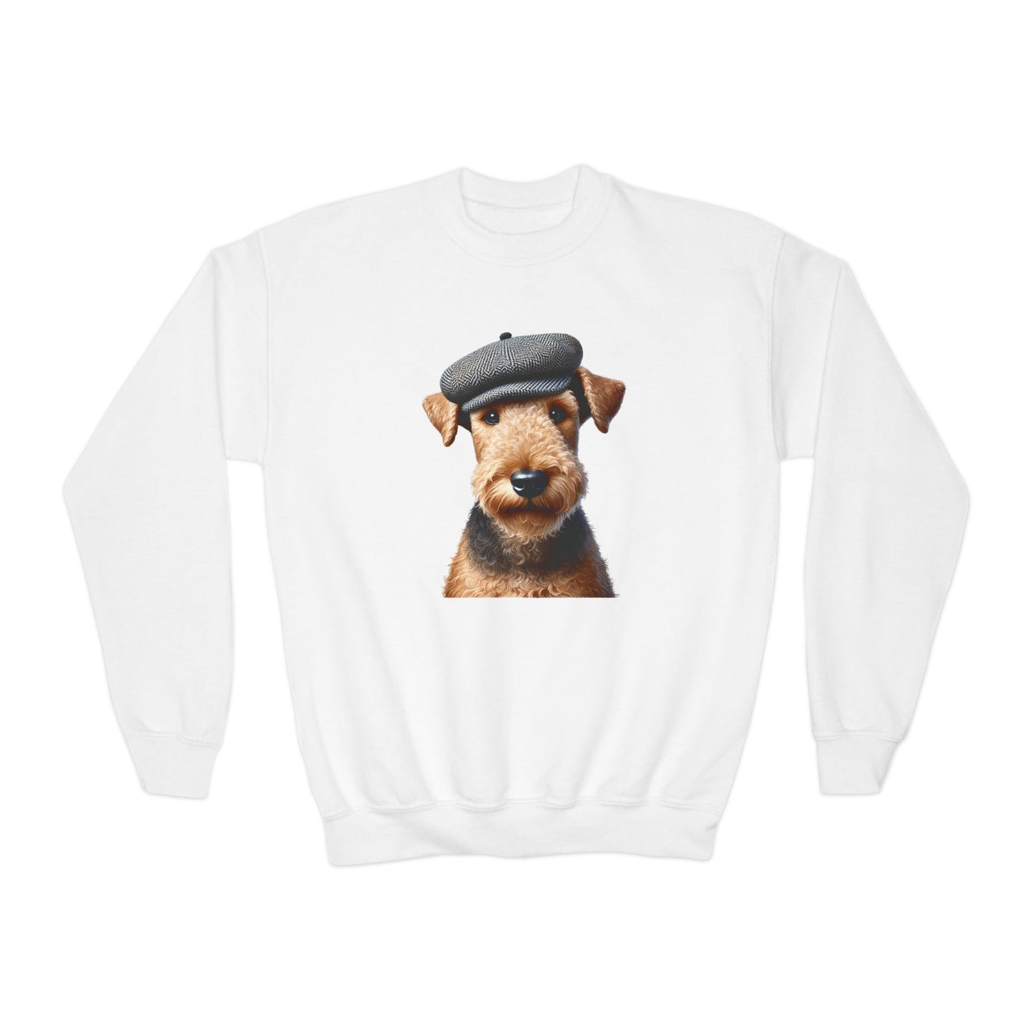 Aerdale Terrier Wearing Tweed Flat Cap- Youth Crewneck Sweatshirt - Too Cute Pets