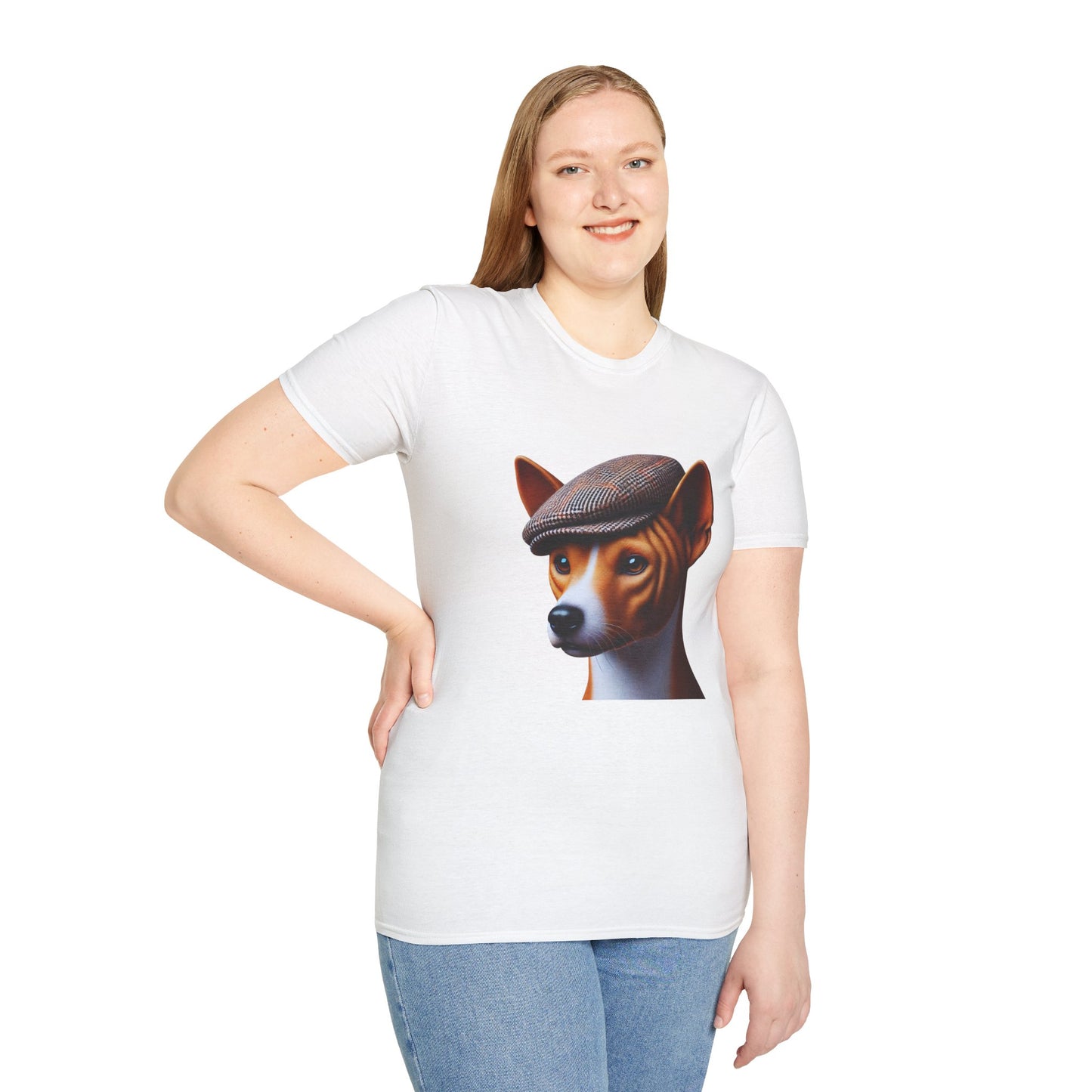 Basenji Wearing Tweed Flat Cap - Adult T-Shirt - Too Cute Pets