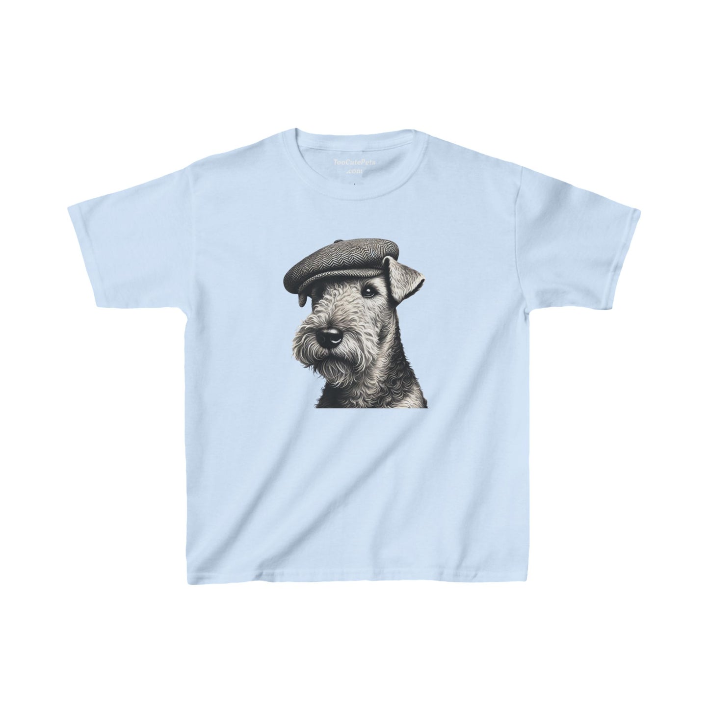 Aerdale Terrier Wearing Tweed Flat Cap (Black & White)-  Youth T-Shirt  - Too Cute Pets