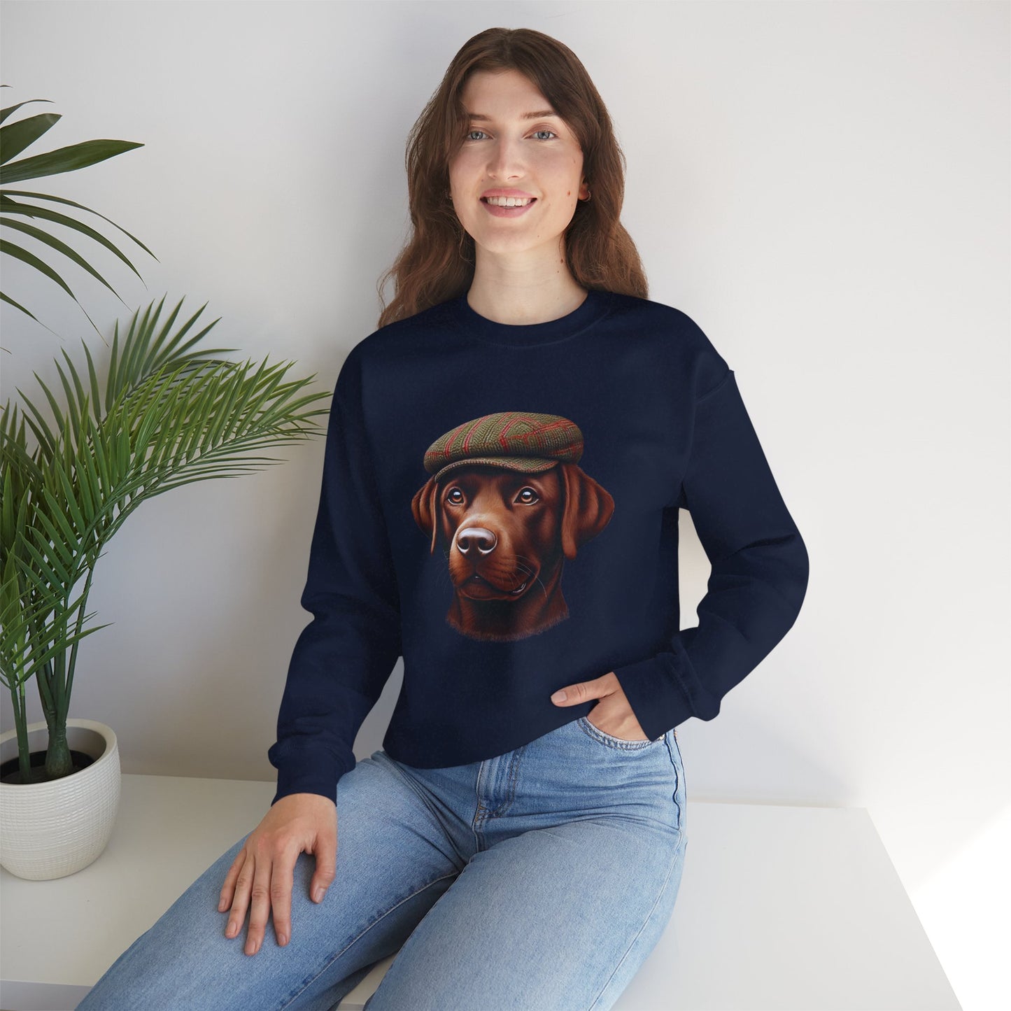 Brown Labrador Wearing Tweed Flat Cap- Adult Crewneck Sweatshirt - Too Cute Pets