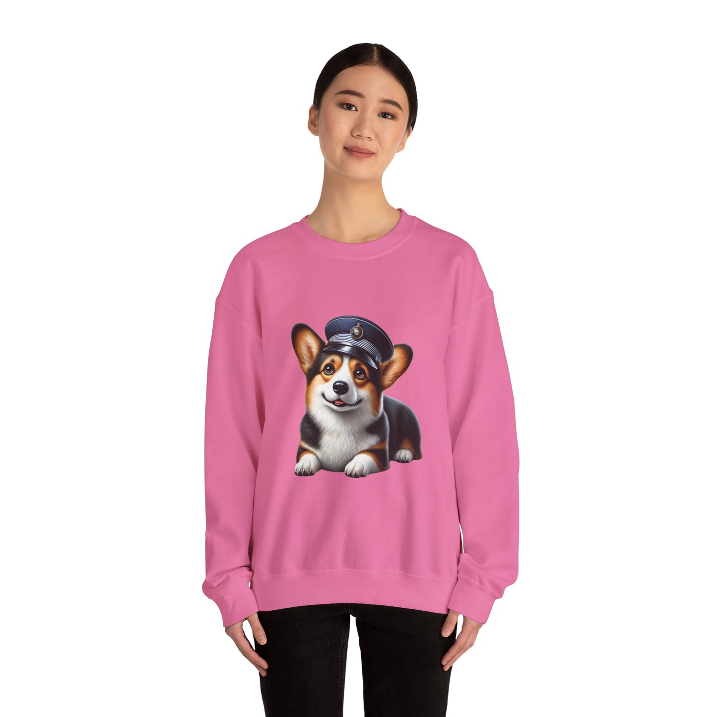 Cute Corgi Wearing A Train Conductors Hat- Adult Crewneck Sweatshirt - Too Cute Pets