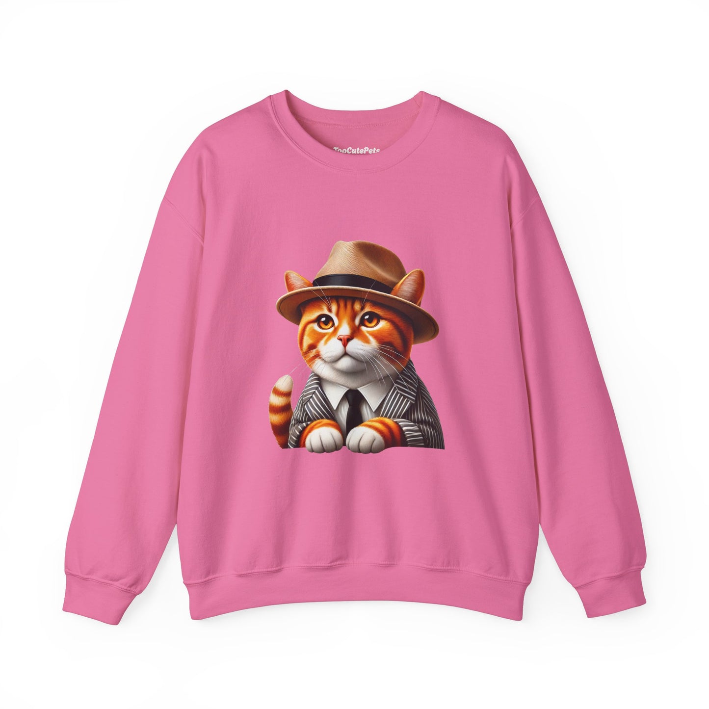 Tabby Cat Wearing A Fedora And Suit - Adult Crewneck Sweatshirt - Too Cute Pets