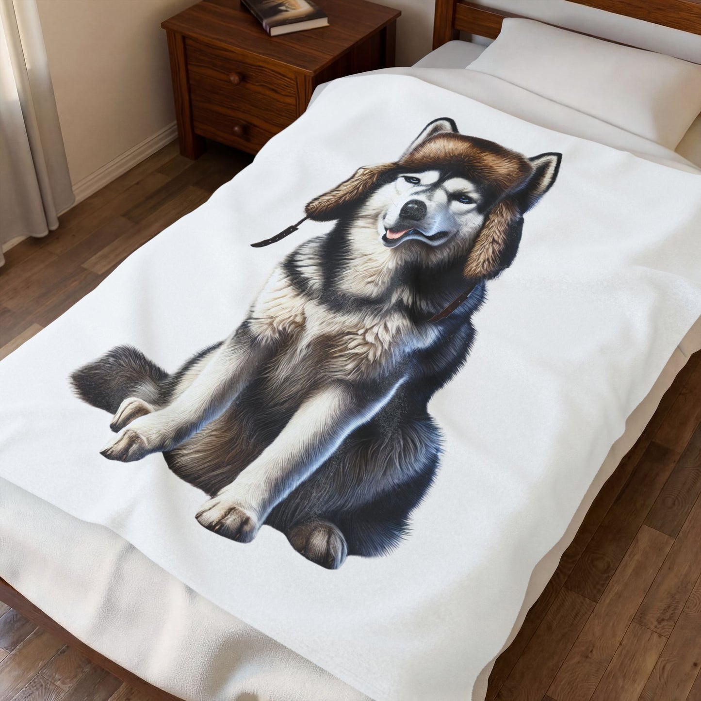 Husky Wearing a Fur Hunter Hat - Sherpa Blanket