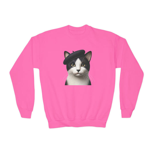 Tuxedo Cat Wearing A Beret - Youth Crewneck Sweatshirt - Too Cute Pets